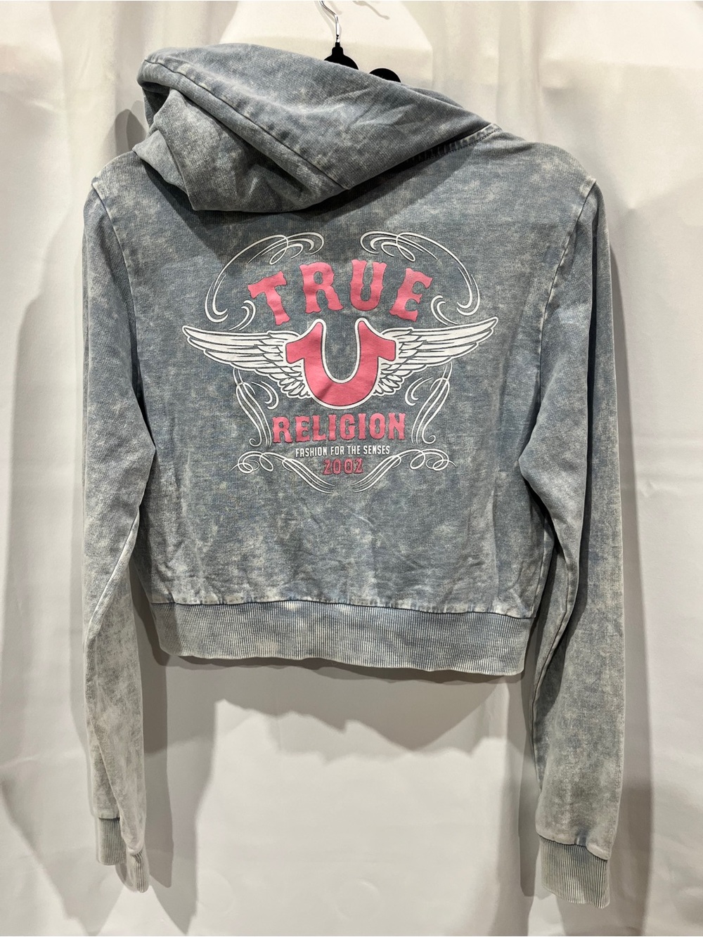 True Religion Hoodie Women's M Horseshoe Wing Faux Full Zip Denim-Look Fabric - Picture 4 of 10
